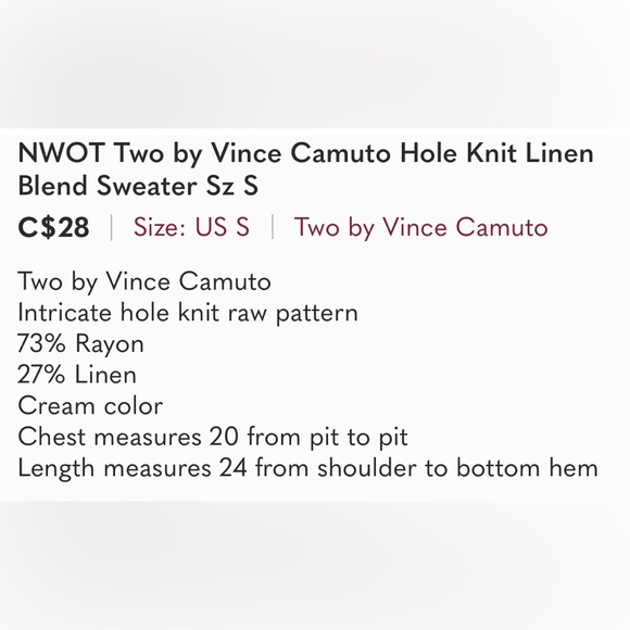 NWOT Two by Vince Camuto Hole Knit Linen Blend Sweater Sz S - Picture 9 of 9